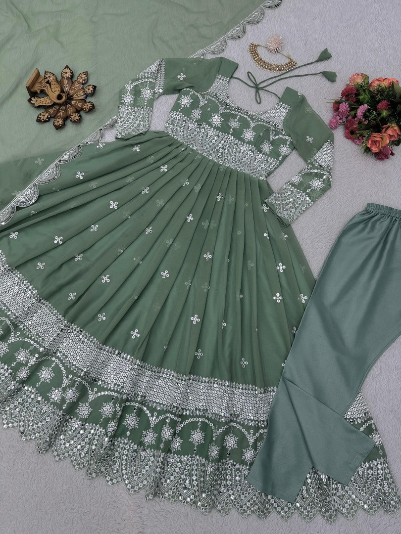 Pista green georgette heavy work long wedding anarkali gown
