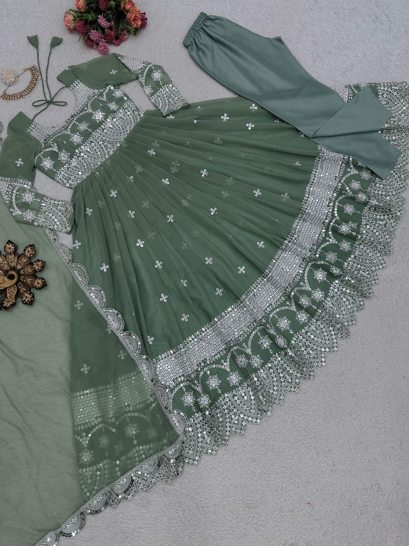 Pista green georgette heavy work long wedding anarkali gown