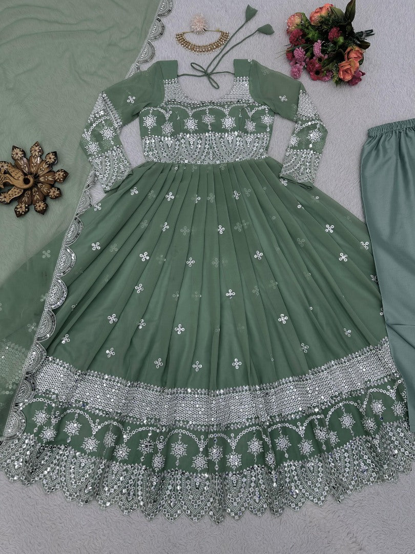 Pista green georgette heavy work long wedding anarkali gown