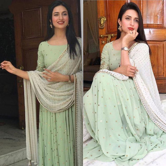 Pista green georgette long anarkali suit