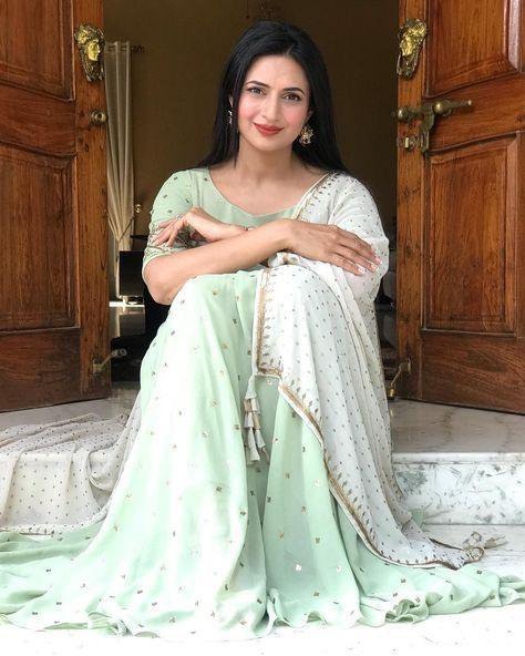 Pista green georgette long anarkali suit