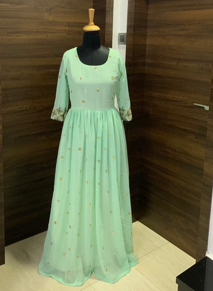 Pista green georgette long anarkali suit