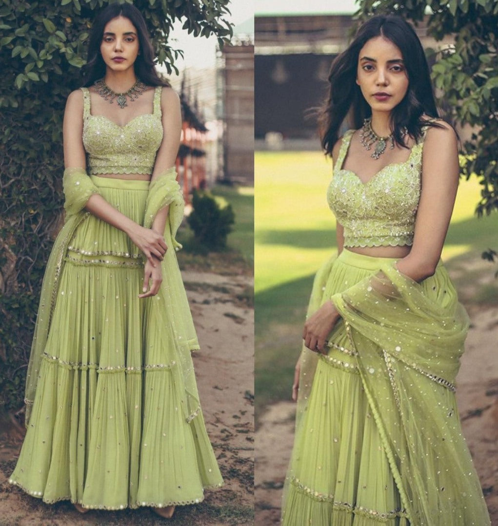 Pista green georgette paper mirror work ruffle lehenga choli