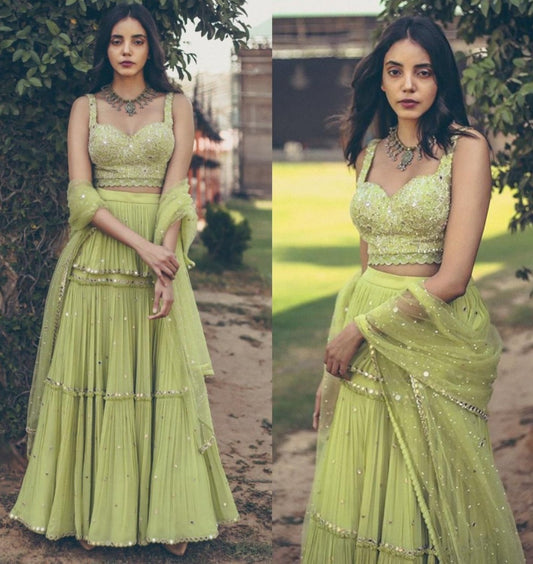 Pista green georgette paper mirror work ruffle lehenga choli