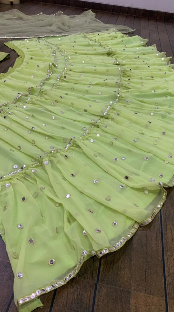 Pista green georgette paper mirror work ruffle lehenga choli