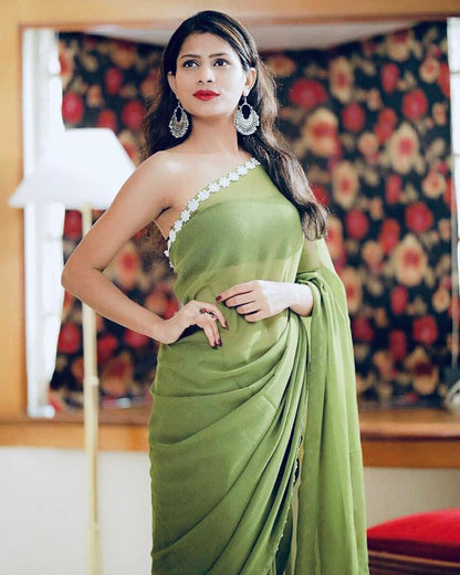 Pista green georgette plain regular wear saree