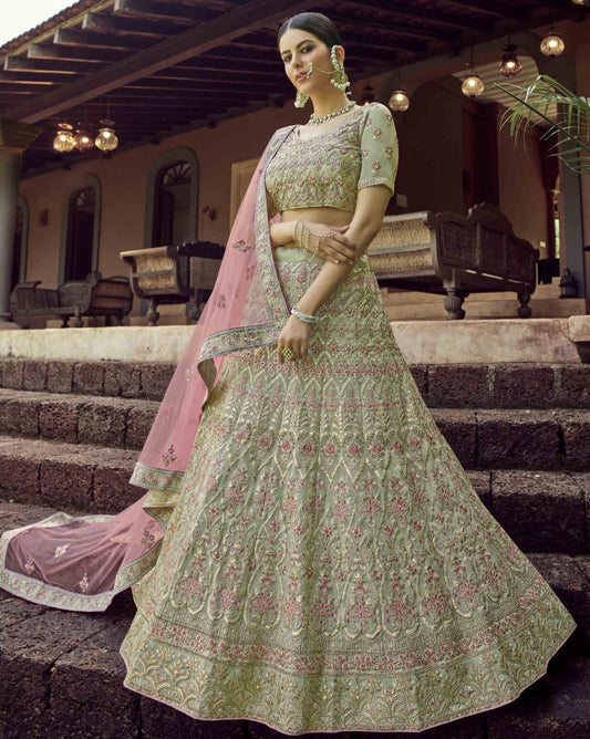 Pista green georgette resham work bridal lehenga choli