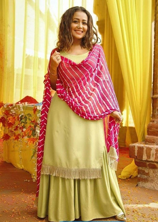 Pista green georgette sharara salwar suit with leheriya dupatta