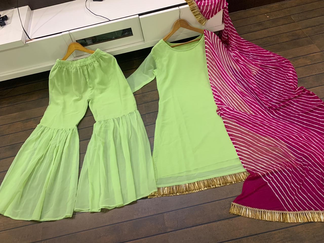 Pista green georgette sharara salwar suit with leheriya dupatta