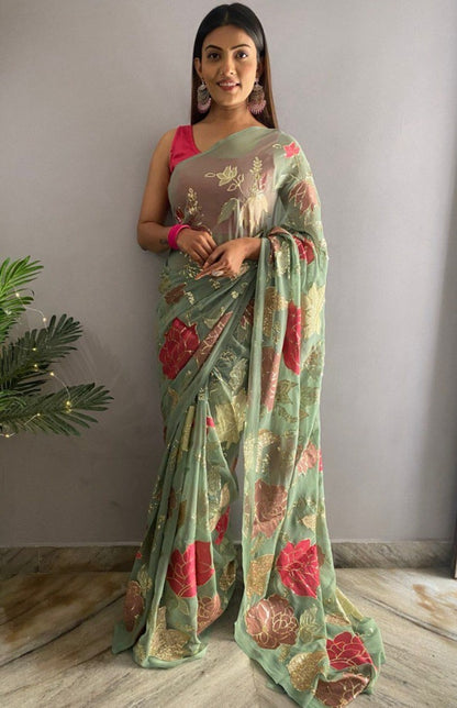 Pista green georgette thread and sequence work saree