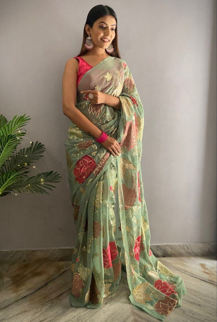 Pista green georgette thread and sequence work saree