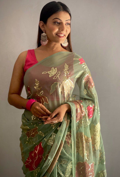 Pista green georgette thread and sequence work saree