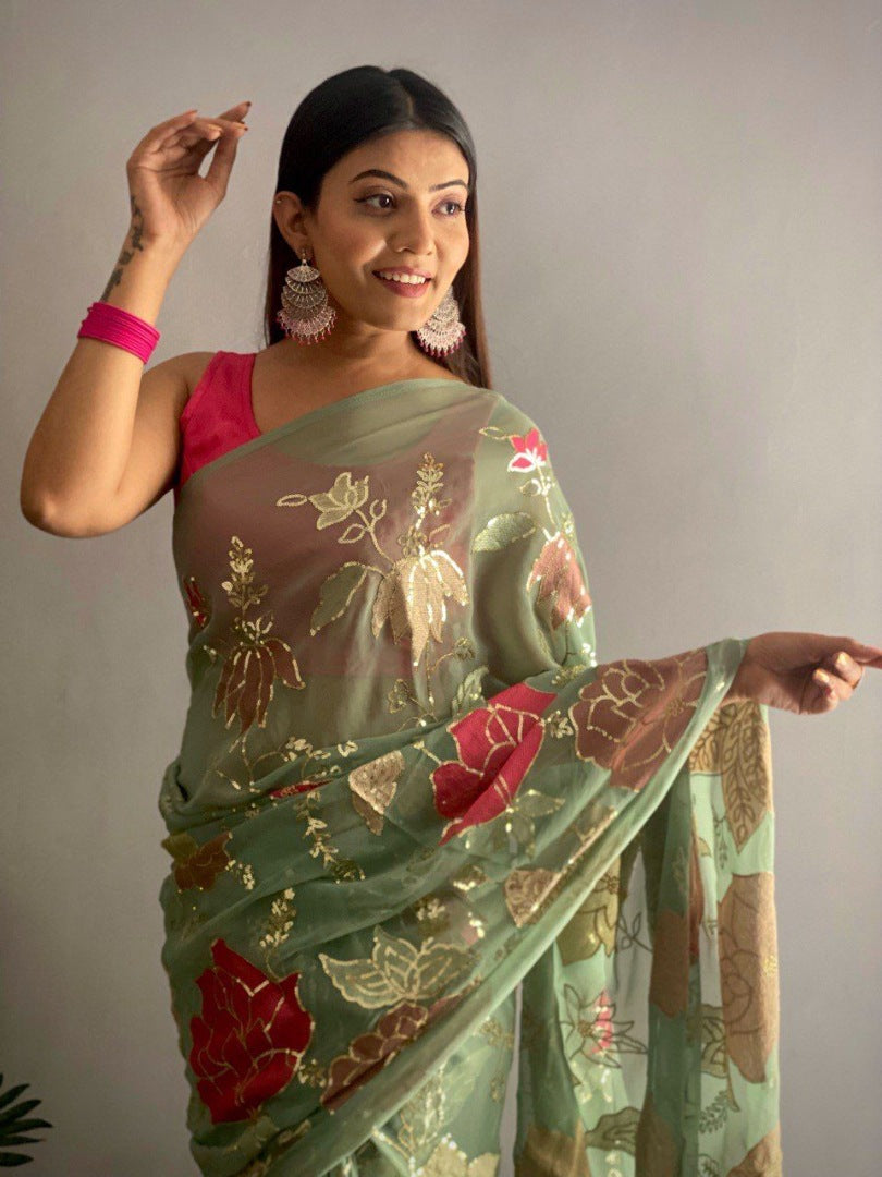 Pista green georgette thread and sequence work saree