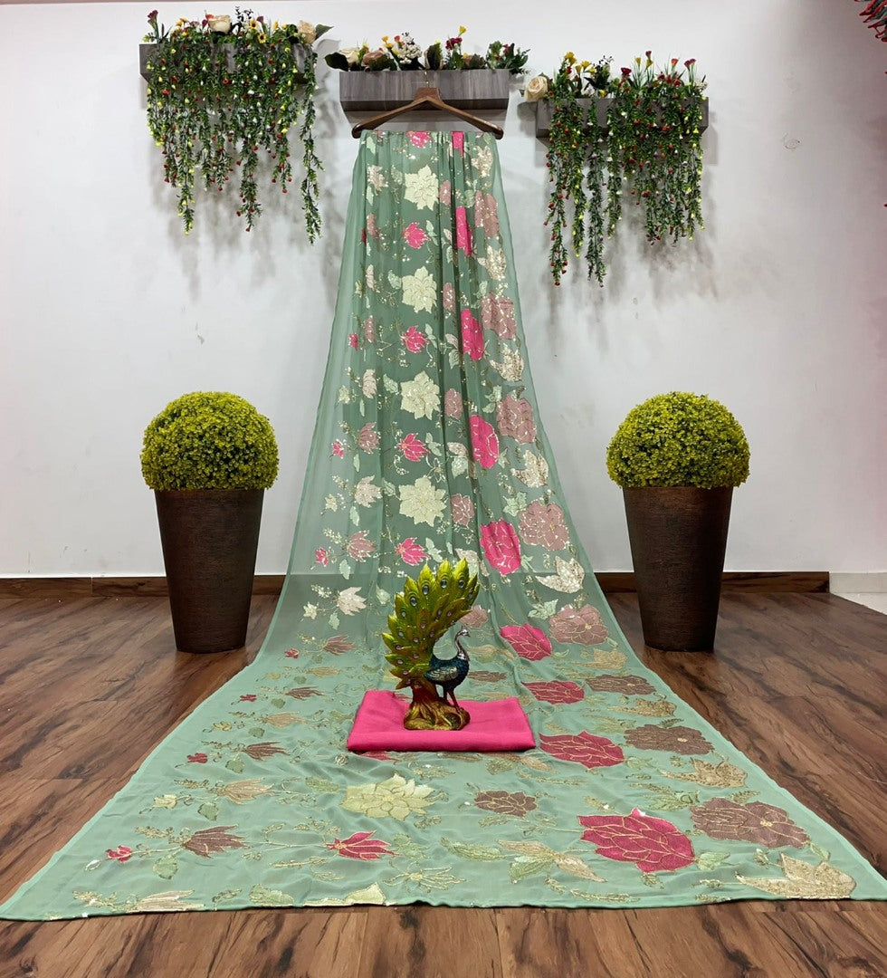 Pista green georgette thread and sequence work saree