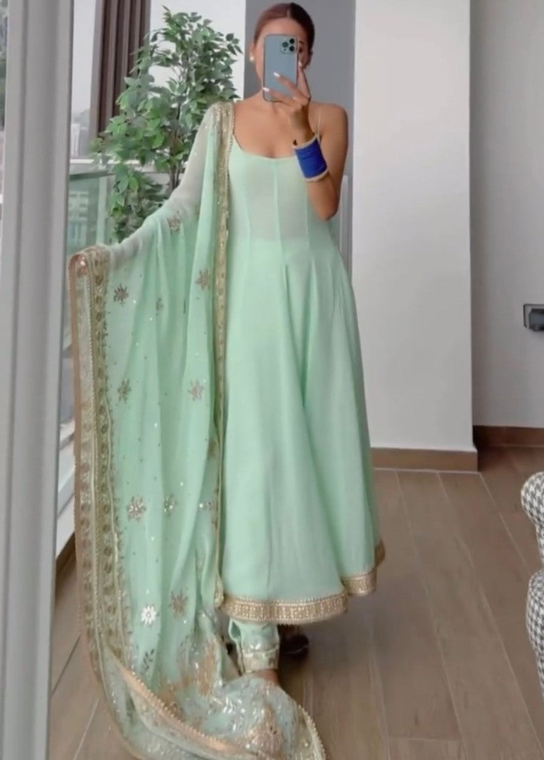 Pista green georgette thread sequence embroidery work designer gown