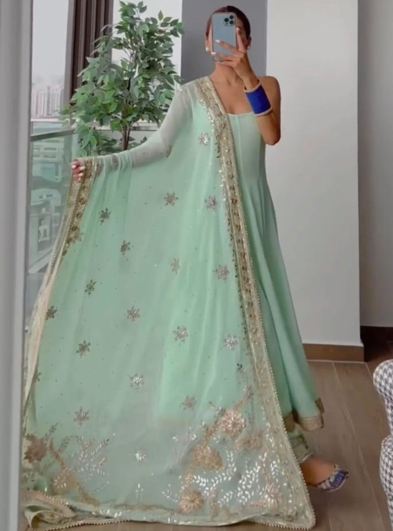 Pista green georgette thread sequence embroidery work designer gown