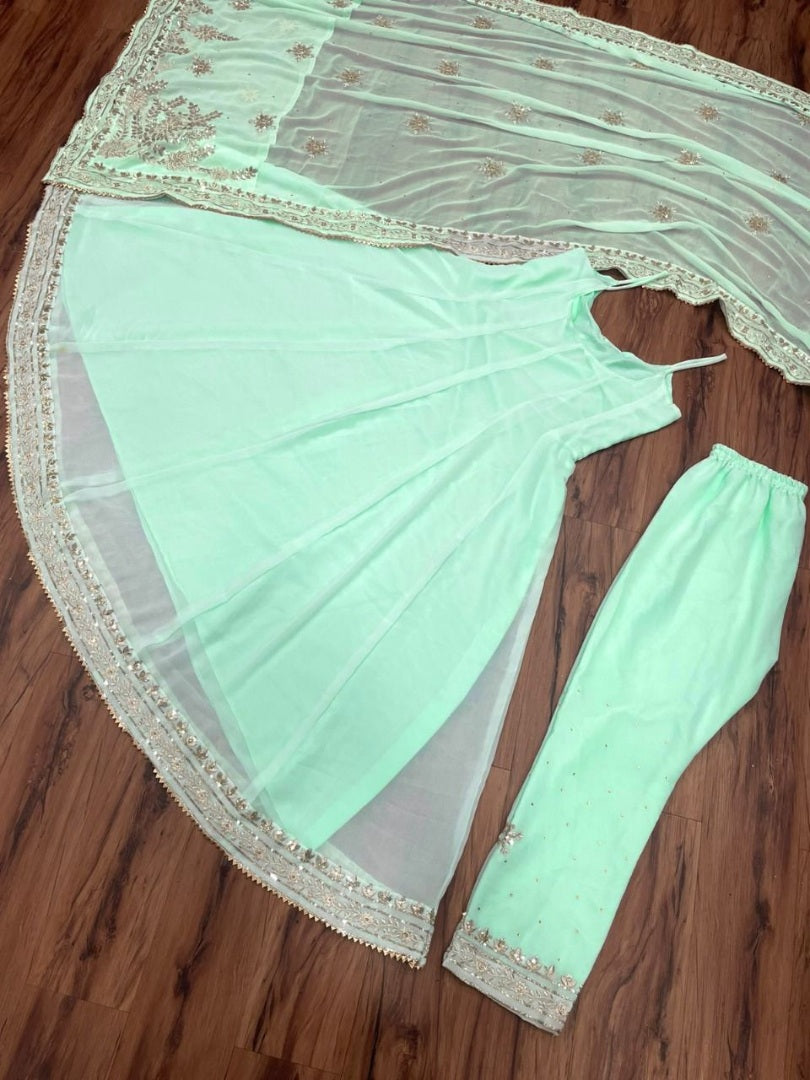 Pista green georgette thread sequence embroidery work designer gown