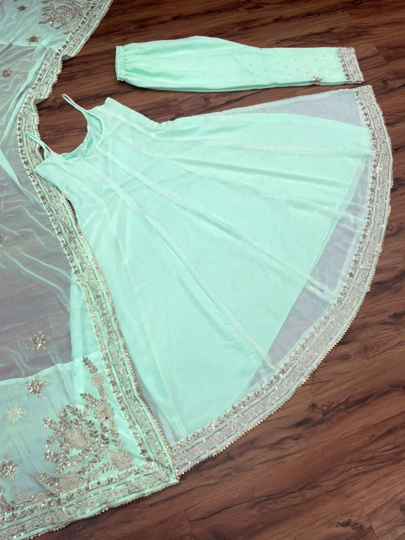 Pista green georgette thread sequence embroidery work designer gown