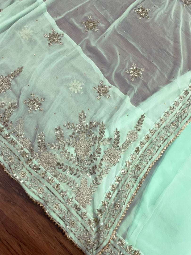 Pista green georgette thread sequence embroidery work designer gown