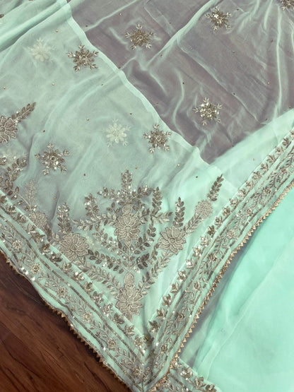 Pista green georgette thread sequence embroidery work designer gown
