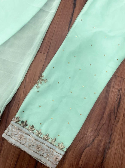 Pista green georgette thread sequence embroidery work designer gown