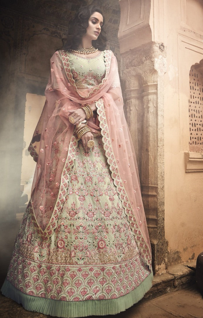 Pista green georgette zari and thread work bridal lehenga choli