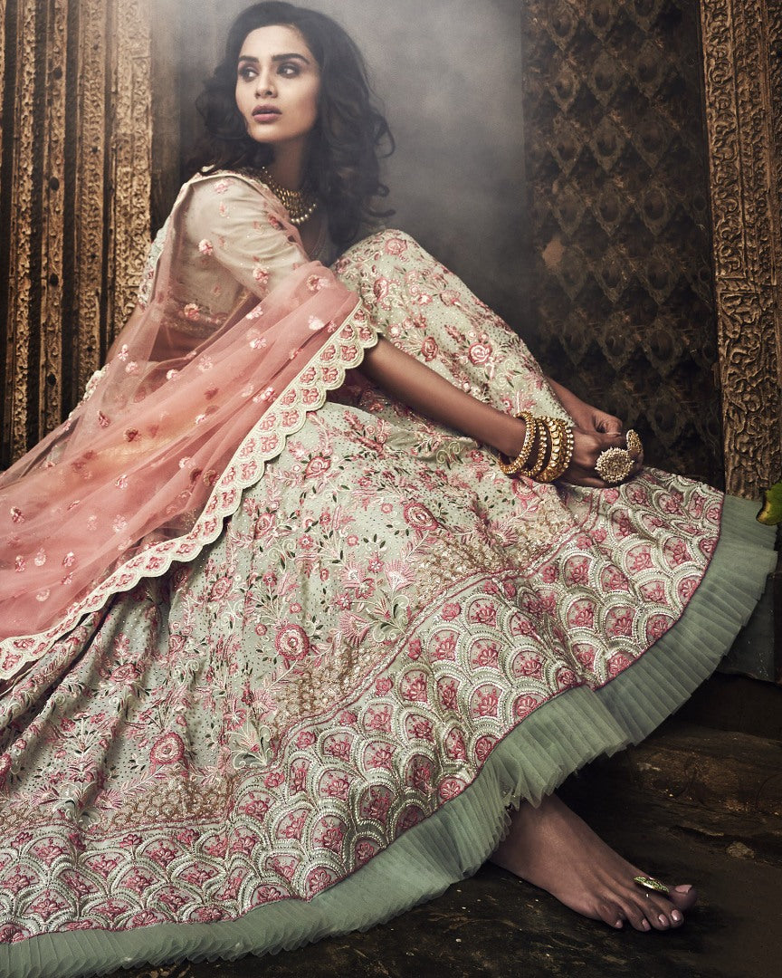 Pista green georgette zari and thread work bridal lehenga choli