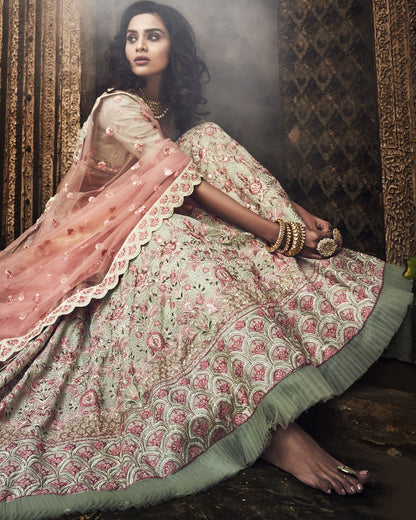 Pista green georgette zari and thread work bridal lehenga choli
