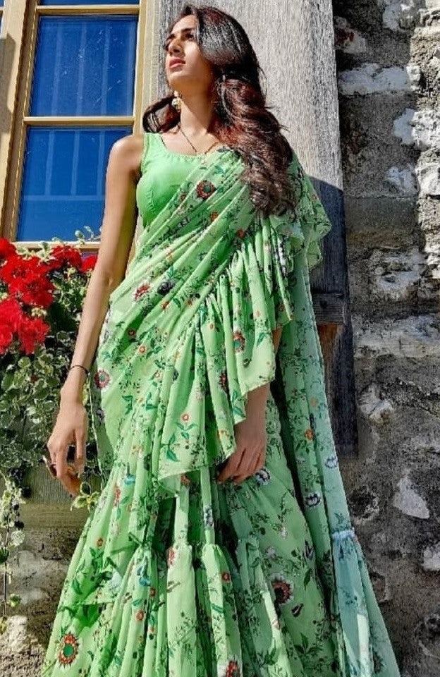 Pista green goergette digital printed ruffle saree
