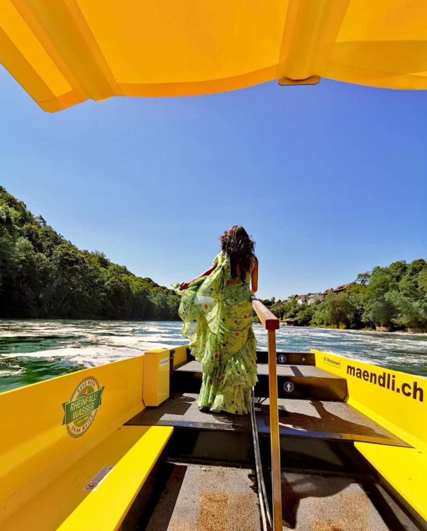 Pista green goergette digital printed ruffle saree