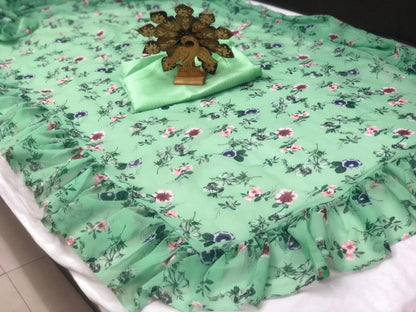 Pista green goergette digital printed ruffle saree