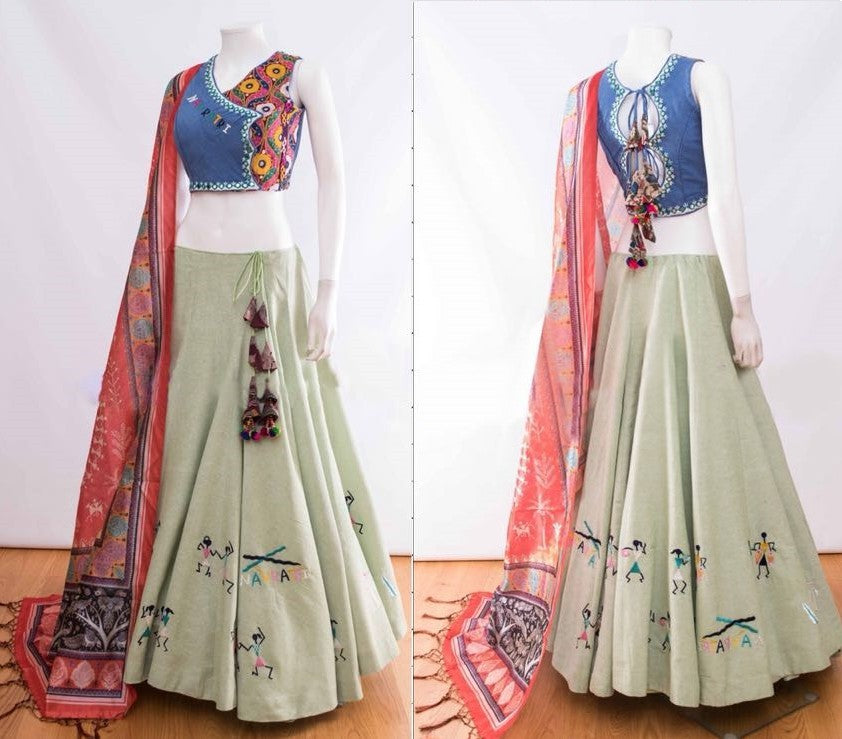 pista green goldi silk embroidered traditional navaratri special lehenga