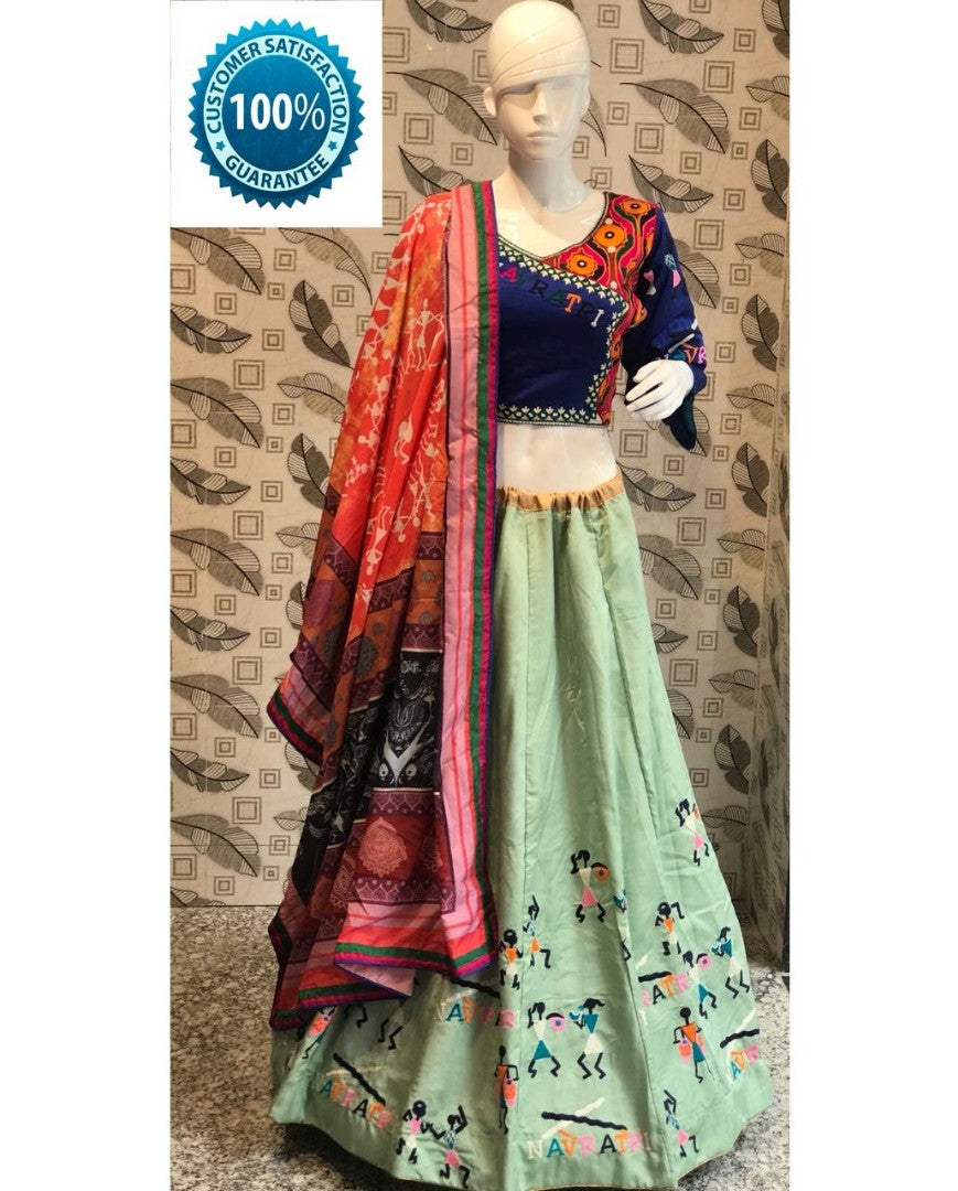 pista green goldi silk embroidered traditional navaratri special lehenga