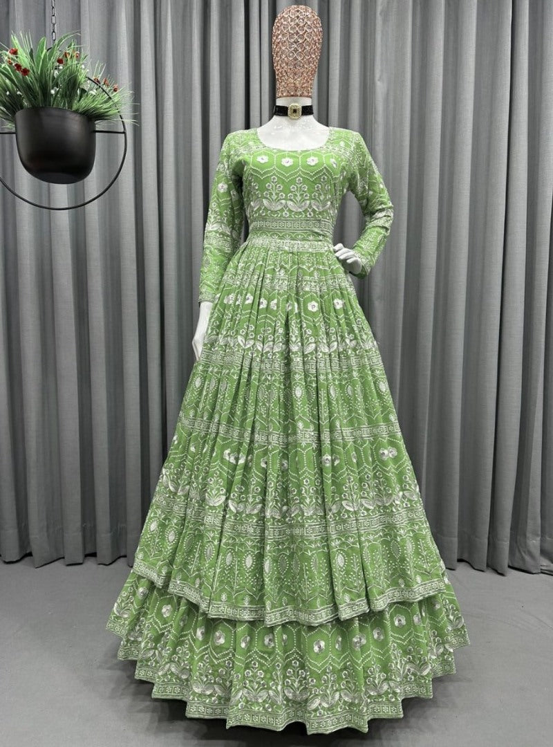 Pista green heavy embroidery worked lehenga suit for wedding ceremony