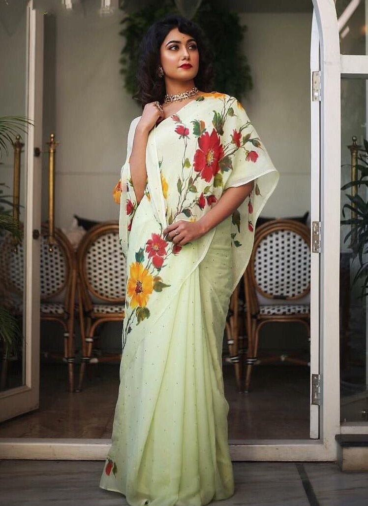 Pista green heavy moss chiffon flower printed saree