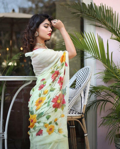 Pista green heavy moss chiffon flower printed saree