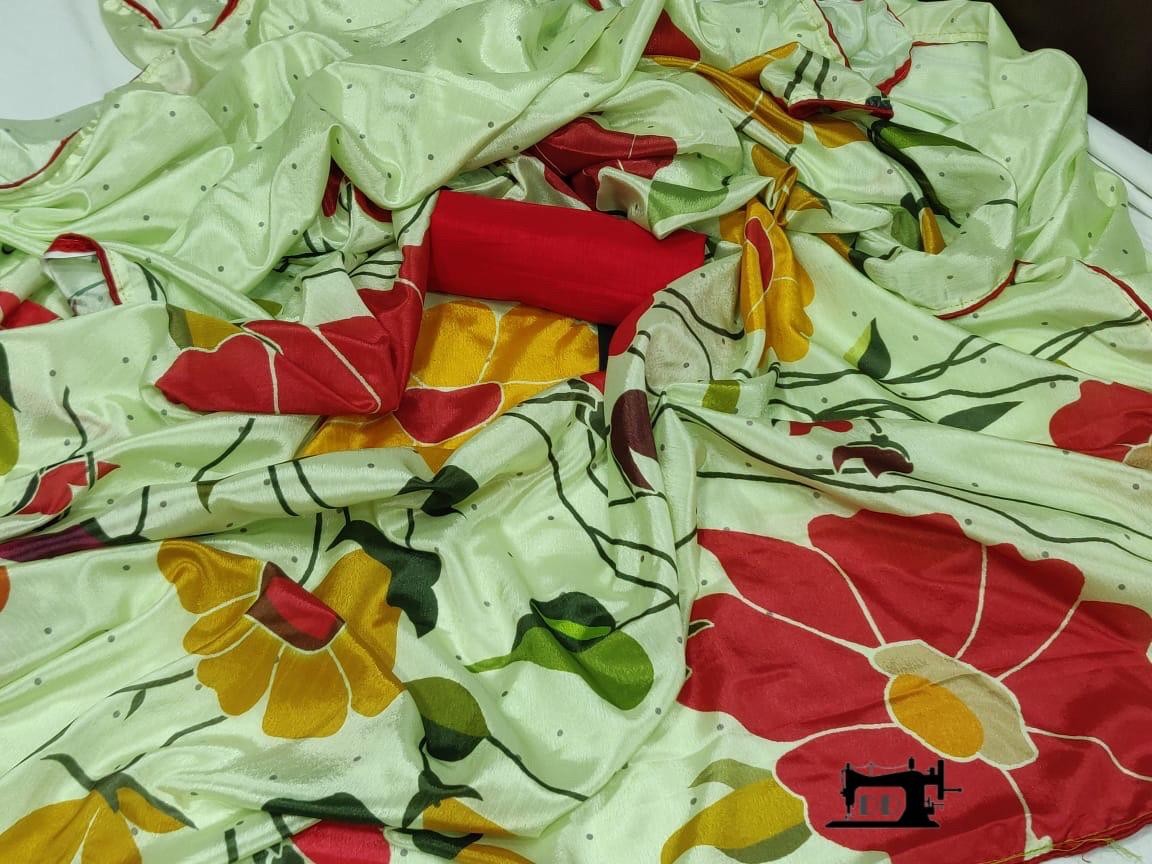 Pista green heavy moss chiffon flower printed saree