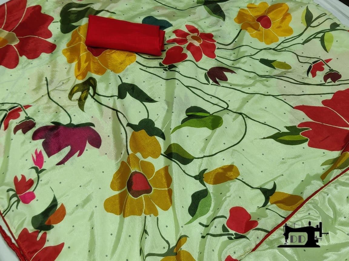 Pista green heavy moss chiffon flower printed saree