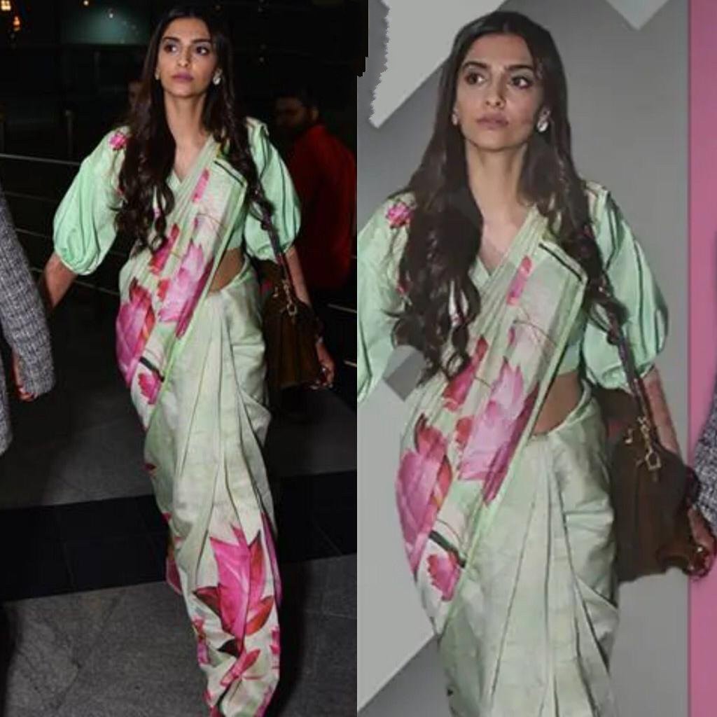 pista green heavy satin digital printed saree