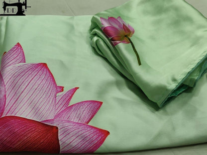 pista green heavy satin digital printed saree