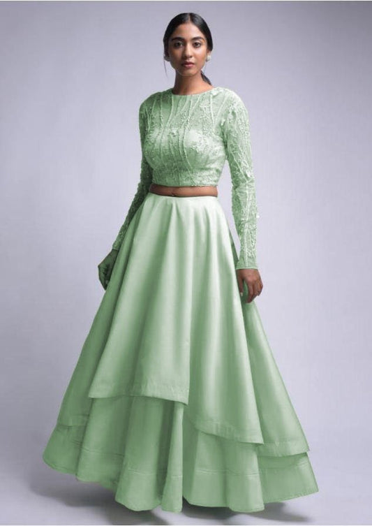 Pista green heavy satin fusion crop top lehenga