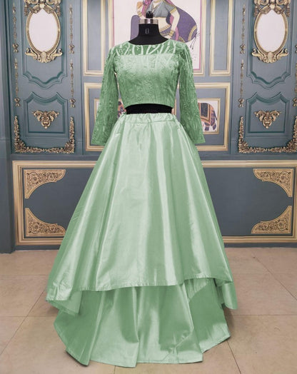Pista green heavy satin fusion crop top lehenga
