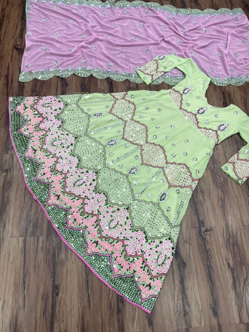 Pista green heavy sequence embroidery work designer gown for wedding