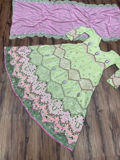 Pista green heavy sequence embroidery work designer gown for wedding