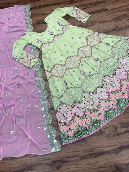 Pista green heavy sequence embroidery work designer gown for wedding