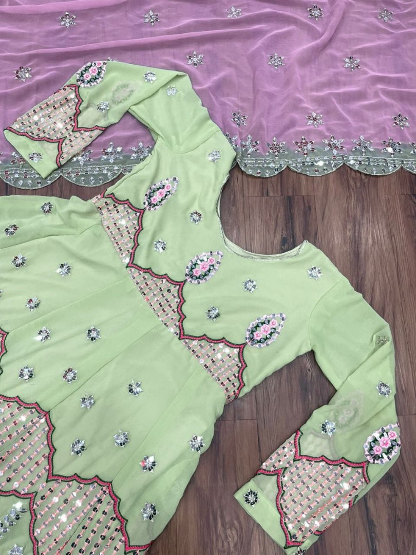 Pista green heavy sequence embroidery work designer gown for wedding