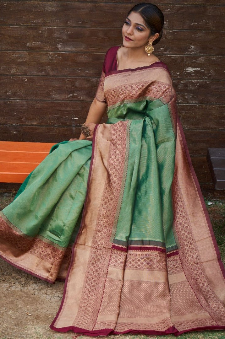 Pista green jacquard weaving banarasi silk saree for wedding
