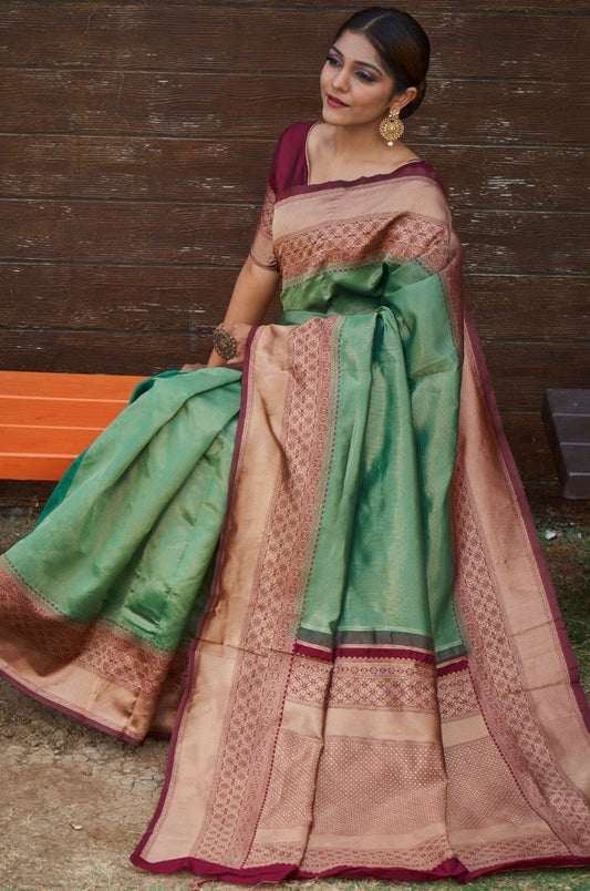 Pista green jacquard weaving banarasi silk saree for wedding