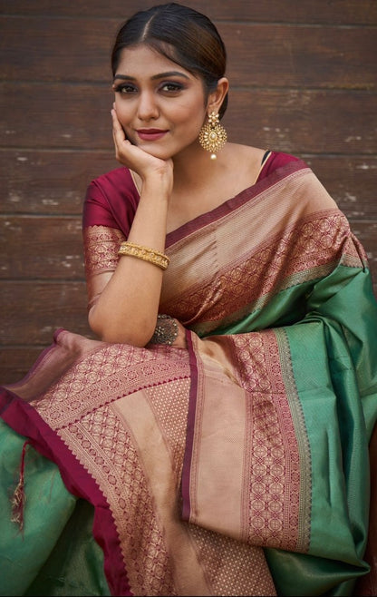Pista green jacquard weaving banarasi silk saree for wedding
