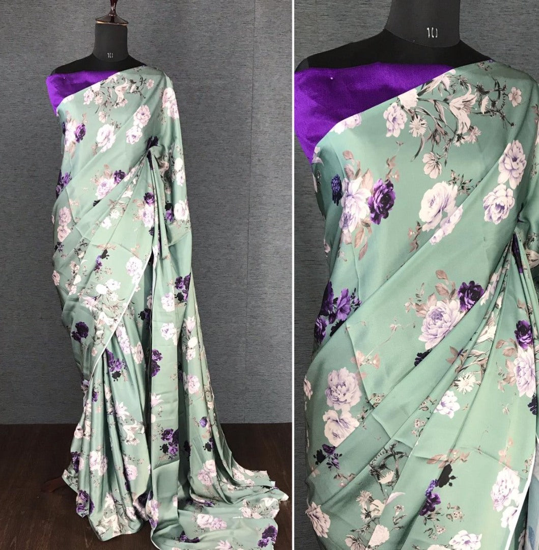 Pista green japan satin digital printed work party wear saree